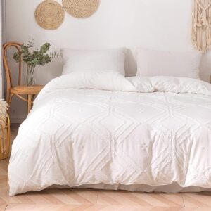 Slumber Dream White Duvet Cover Tufted Queen Size Bedding Cover Sets 2 Pieces Women White Tufted Boho Comforter Cover Set Soft and Embroidery Shabby Chic Tufts Bedding Cover Sets for All Seasons