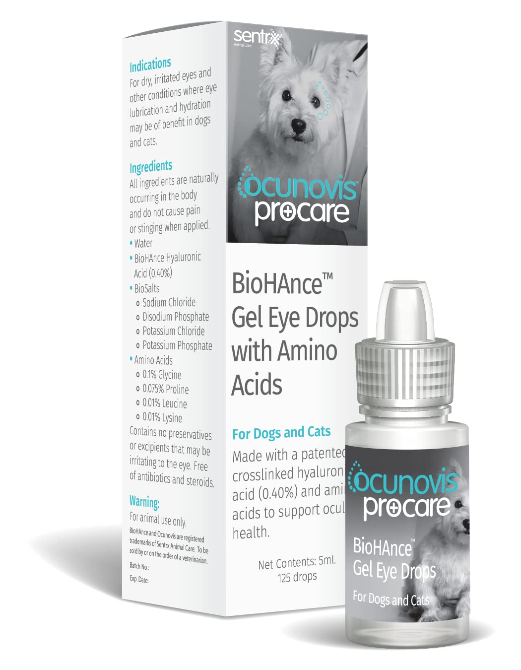 Sentrx Ocunovis ProCare Gel Eye Drops for Cats with Lysine, Eye Lube for Dogs, Patented BioHance for Dry Eyes, Allergies, 5 ml