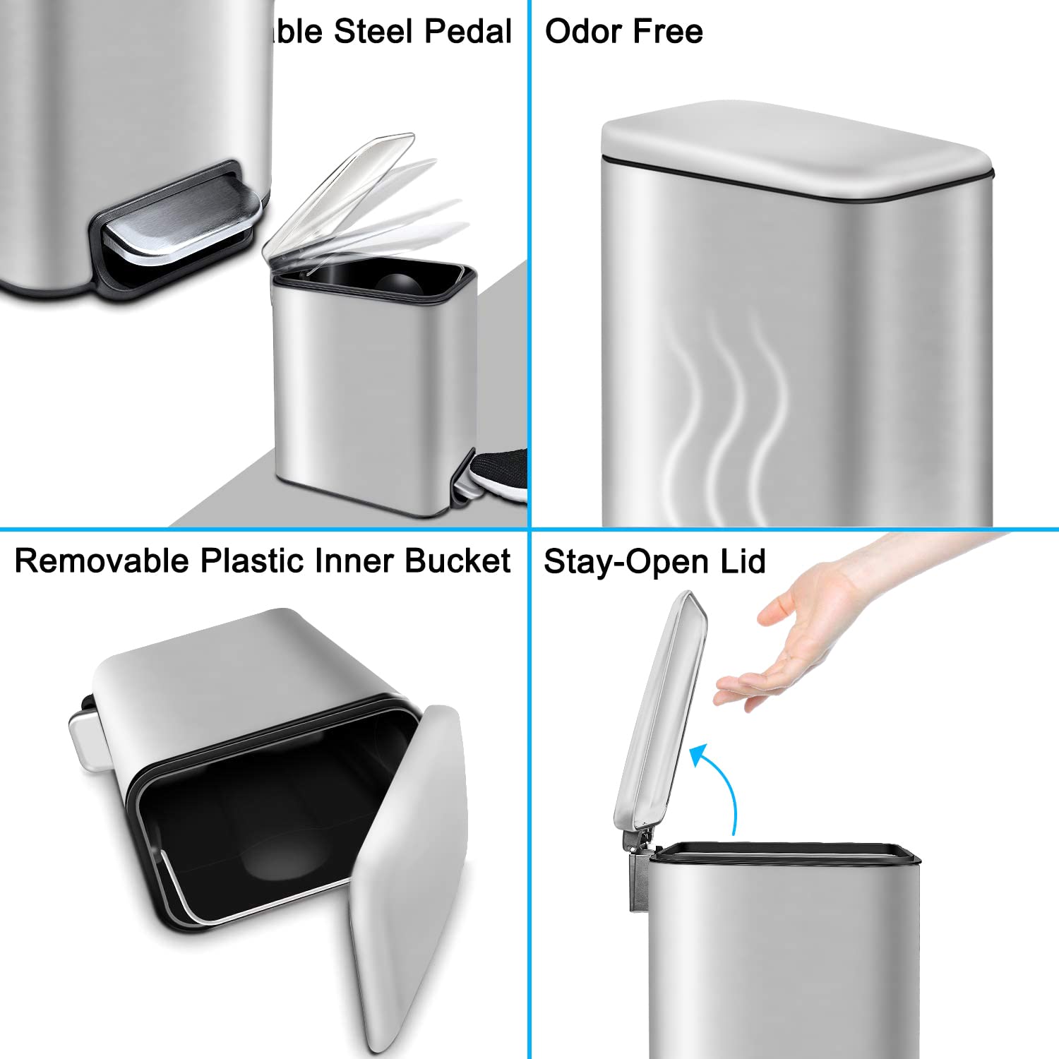 H+LUX Small Trash Can with Lid,Rectangular Trash Can for Bathroom,Bedroom,Office,Garbage Can with Foot Pedal,5 Liter/1.3 Gallon (Silver)