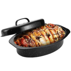 JY COOKMENT Granite Roaster Pan, Small 13” Enameled Roasting Pan with Domed Lid. Oval Turkey Roaster Pot, Broiler Pan Great for Small Chicken, Lamb. Dishwasher Safe Cookware Fit for 7Lb Bird