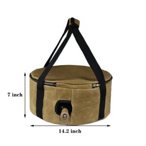 DOUBLEC DC Dutch Pot Storage Bag-For 12 Inch Oven, Pie Carrier with Lid and Handle, Pan More - Wet Wax Waterproof Bumper Fabric Cotton on Top Bottom -perfect for Outdoor Camping, Khaki