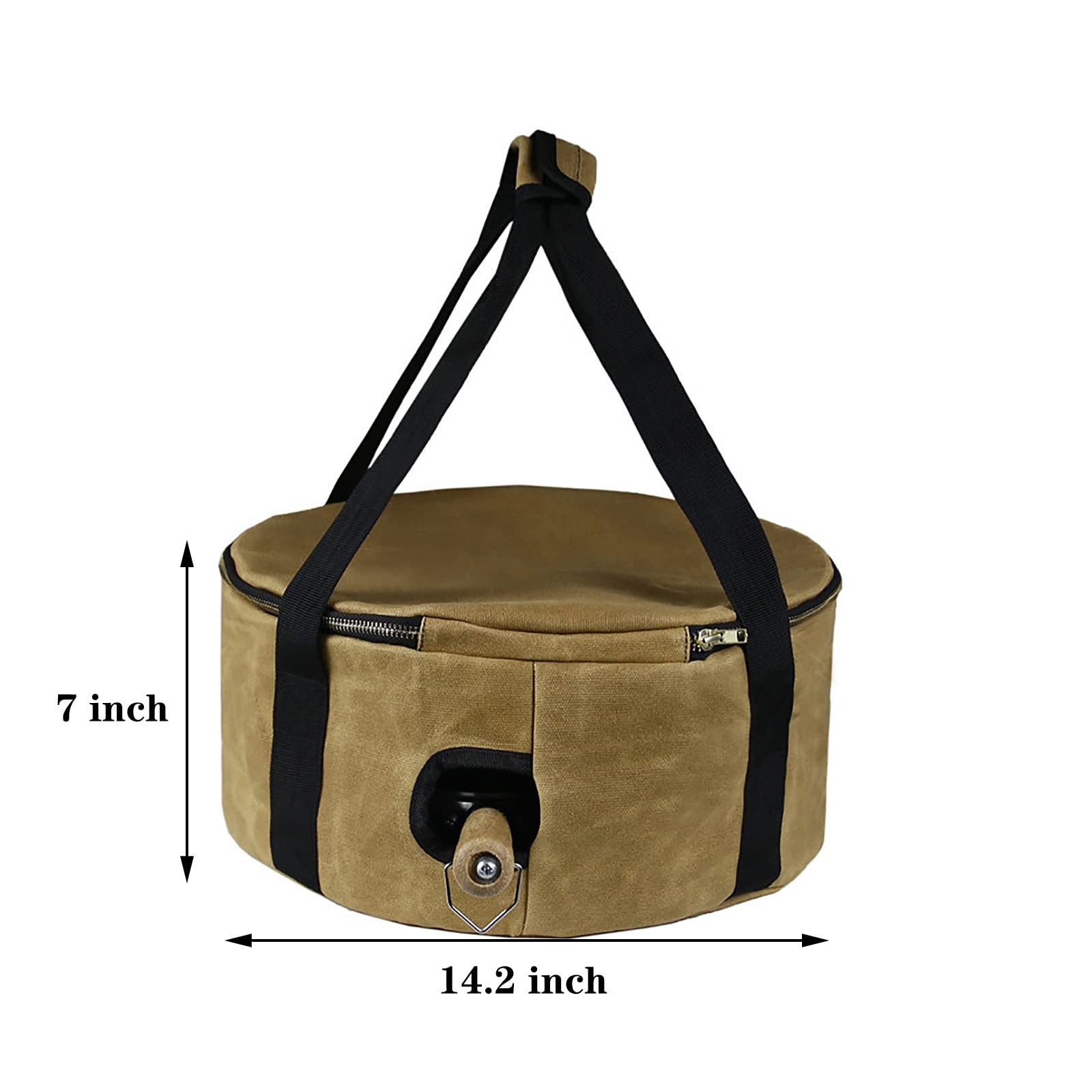 DOUBLEC DC Dutch Pot Storage Bag-For 12 Inch Oven, Pie Carrier with Lid and Handle, Pan More - Wet Wax Waterproof Bumper Fabric Cotton on Top Bottom -perfect for Outdoor Camping, Khaki