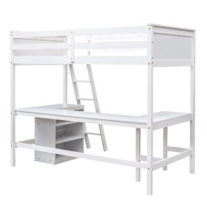 Loft Bed with Desk Twin Size Beds with Storage Shelves Bookcase Wood High Loft Bed Frame for Dorm, Kids Boys Girls Teens, White