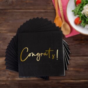 Congratulations Cocktail Napkins 50 Pack Gold Foil Congrats! Black Paper Napkins Party Supplies Disposable Bar Napkins Perfect for Engagement, Graduation, Baby Shower, Celebration Party 6.5'' x 6.5''