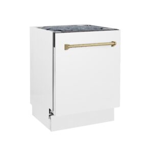 ZLINE Autograph Edition 24" 3rd Rack Top Control Tall Tub Dishwasher in White Matte with Champagne Bronze Handle, 51dBa (DWVZ-WM-24-CB)