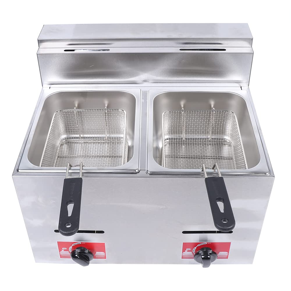 Commercial Deep Fryer,2 Pan 403 Stainless Steel Countertop Gas Fryer Food Warmer Buffet Adjustable Temp with 2 Baskets for Commercial Restaurant Fast Food Restaurant