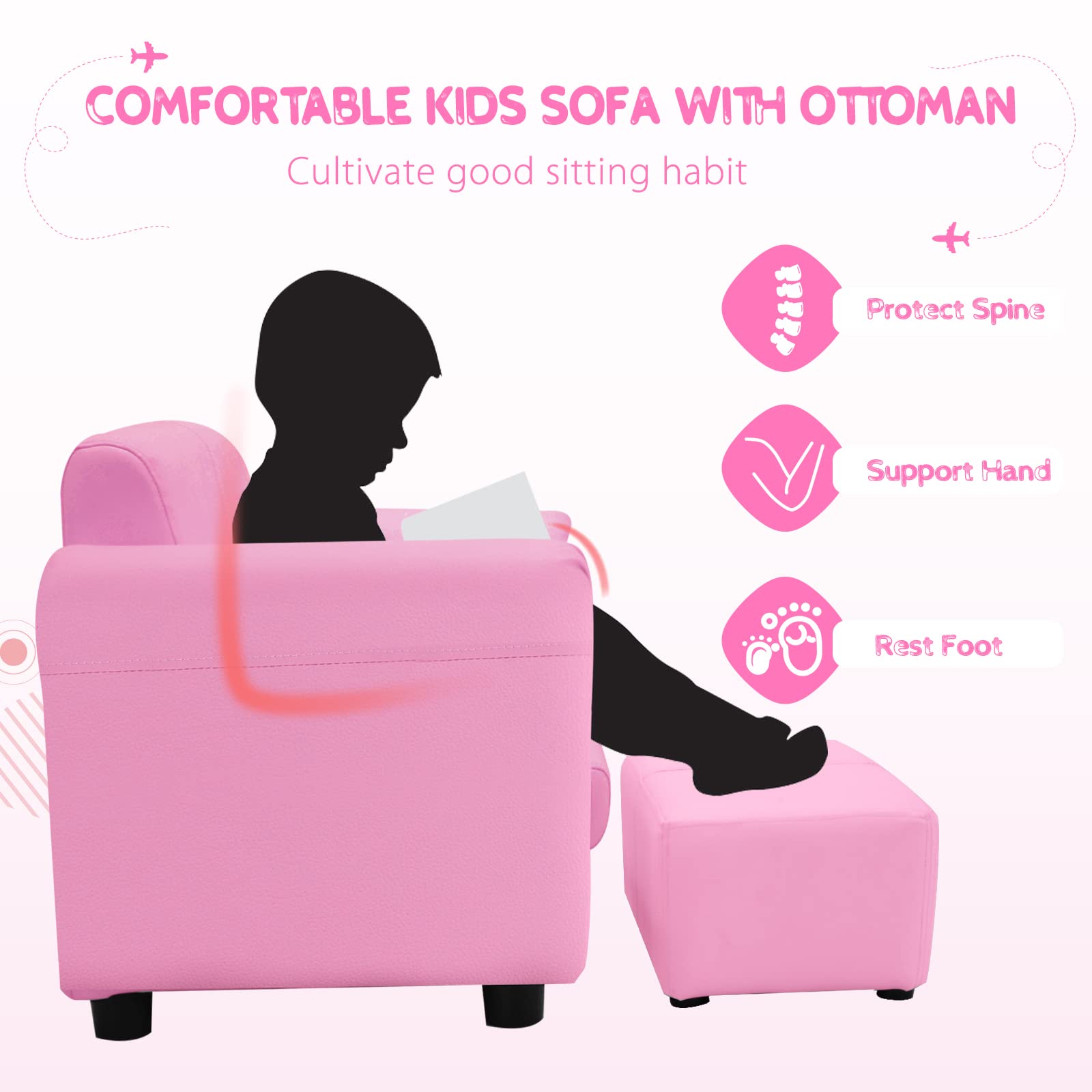 INFANS 2 Seat Children Sofa, Upholstered Couch with Footstool Sturdy Wood Construction, Armrest Couch for Preschool Children Boys Girls, Kid Couch Lounge Bed with Ottoman (Pink)