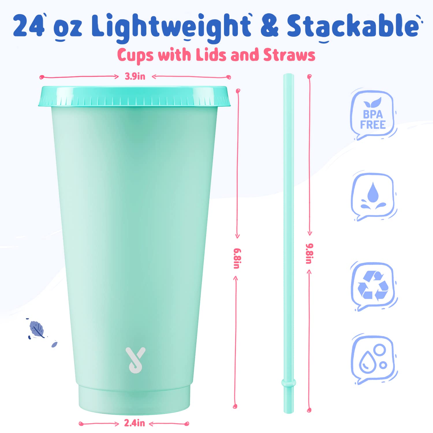 Meoky Plastic Cute Cold Cups with Lids and Straws Bulk for Iced Coffee - 6 Pack 24 oz Color Changing Reusable for Adults Kid Women Party