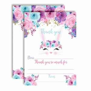 bunny face with pink blue and purple watercolor flowers birthday thank you notes, ten 4" x 5.5" fill in the blank cards with 10 white envelopes by amandacreation