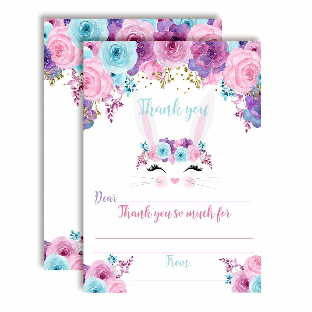 Bunny Face with Pink Blue and Purple Watercolor Flowers Birthday Thank You Notes, Ten 4" x 5.5" Fill In The Blank Cards with 10 White Envelopes by AmandaCreation