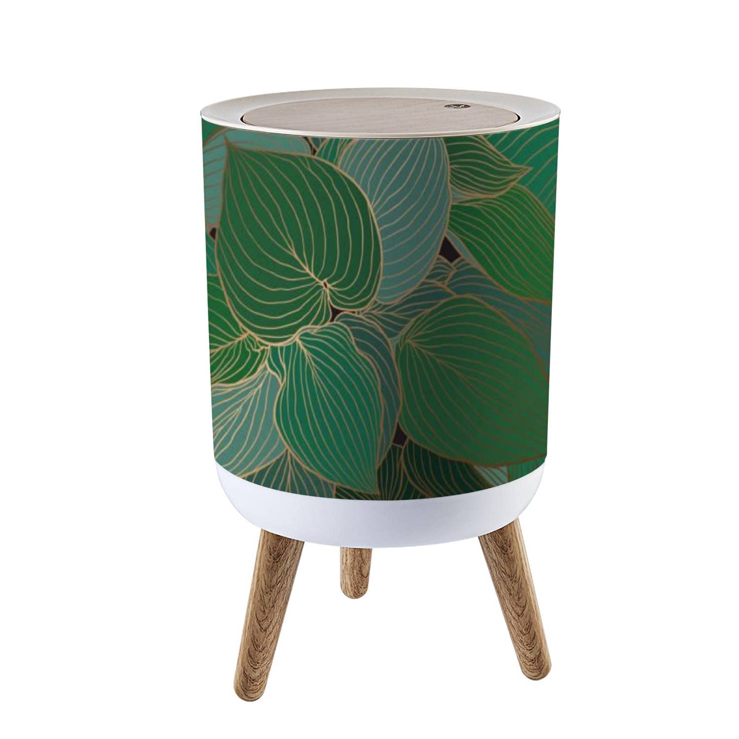 Small Trash Can with Lid Hand drawn emerald green Hosta leaves with copper outline stock 7 Liter Round Garbage Can Elasticity Press Cover Lid Wastebasket for Kitchen Bathroom Office 1.8 Gallon