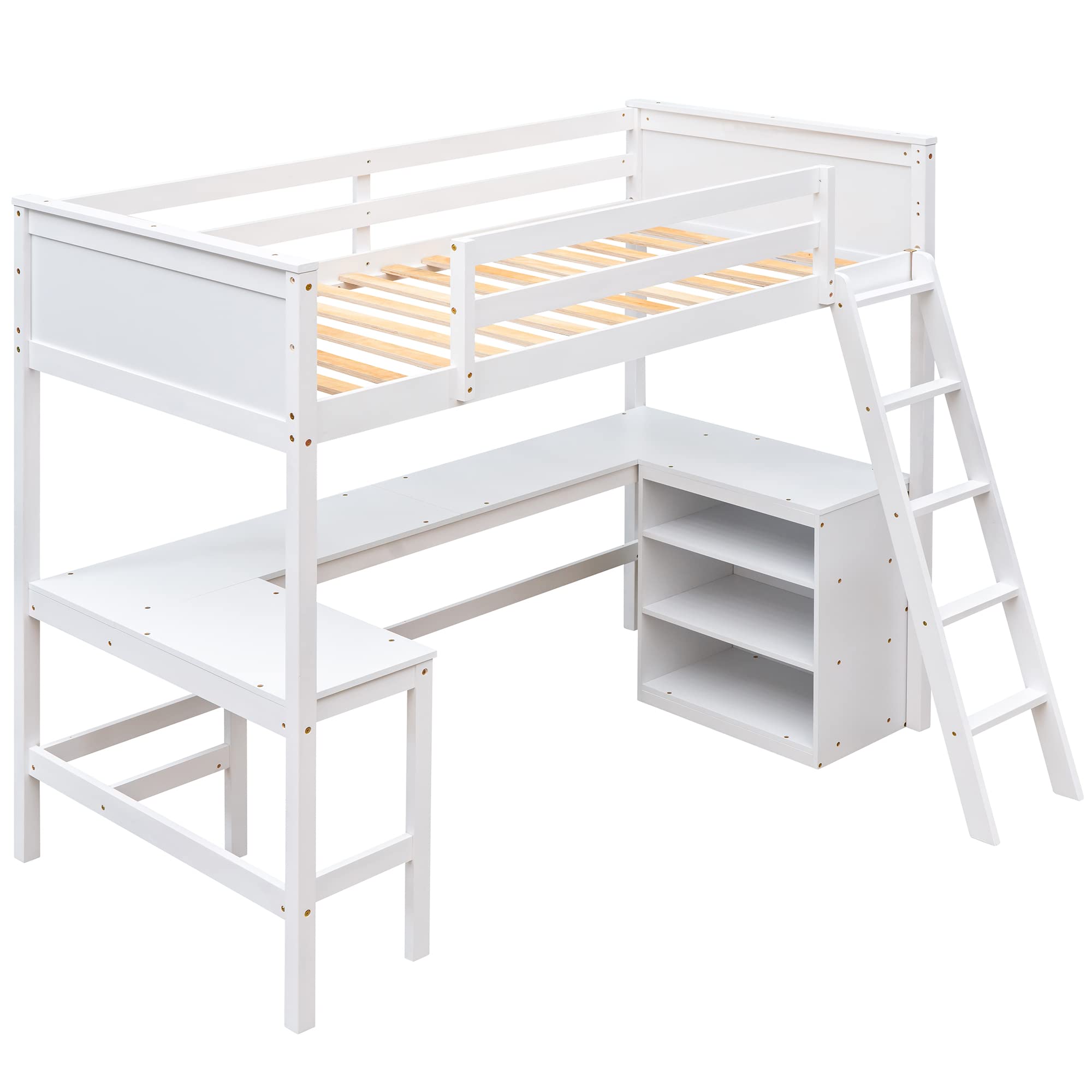 Loft Bed with Desk Twin Size Beds with Storage Shelves Bookcase Wood High Loft Bed Frame for Dorm, Kids Boys Girls Teens, White