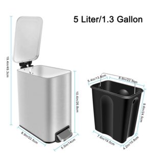 H+LUX Small Trash Can with Lid,Rectangular Trash Can for Bathroom,Bedroom,Office,Garbage Can with Foot Pedal,5 Liter/1.3 Gallon (Silver)