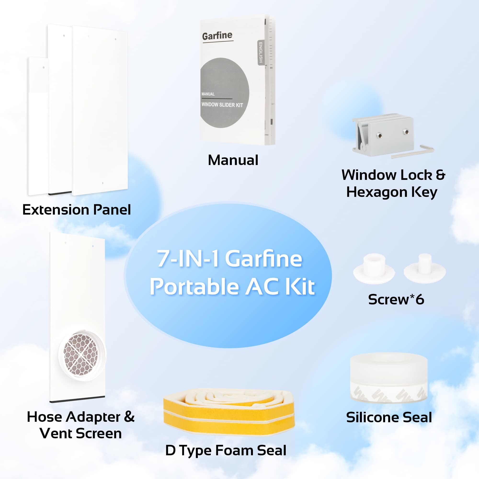 Garfine Portable AC Window Seal Kit Compatible with 5.9 inch Hose, Max Length 61.4”, Window Vent Kit with Vent Screen, 2 Types of Weather Stripping and Window Lock for Window & Patio Sliding Door