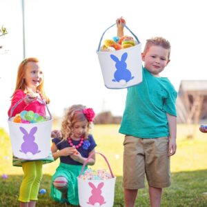 3 Pcs Easter Bunny Basket Bags for Kids - Canvas Cotton Carrying Gift and Eggs Hunt Bag, Fluffy Tails Printed Rabbit Toys Bucket Tote for Girls & Boys (Pink, Purple, Blue)