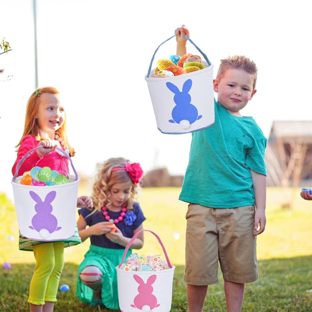 3 Pcs Easter Bunny Basket Bags for Kids - Canvas Cotton Carrying Gift and Eggs Hunt Bag, Fluffy Tails Printed Rabbit Toys Bucket Tote for Girls & Boys (Pink, Purple, Blue)