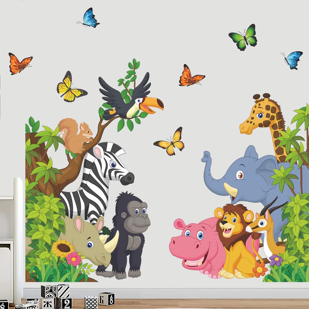 Supzone Cartoon Animal Wall Decal Jungle Animals Wall Stickers Elephant Lion Zebra Butterfly Wall Decor for Kids Baby DIY Vinyl Mural Art for Nursery Bedroom Living Room Playroom