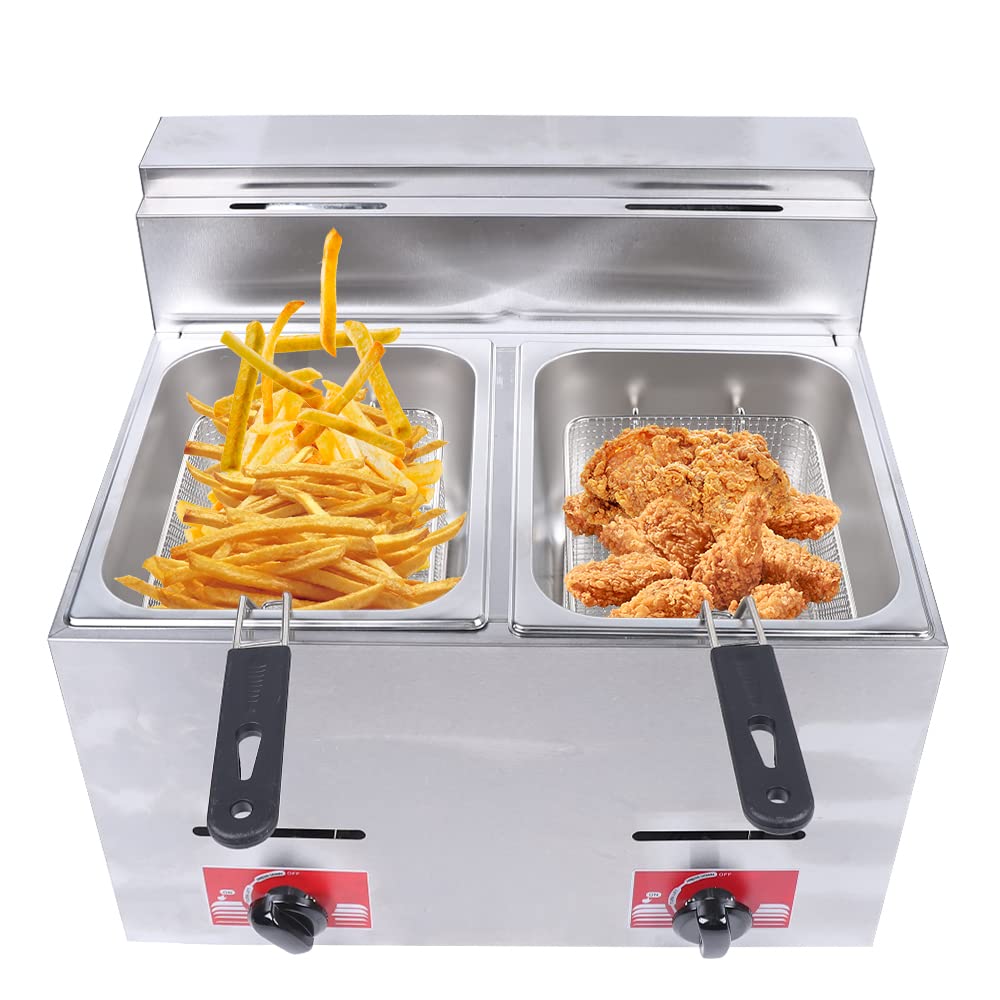 Commercial Deep Fryer,2 Pan 403 Stainless Steel Countertop Gas Fryer Food Warmer Buffet Adjustable Temp with 2 Baskets for Commercial Restaurant Fast Food Restaurant