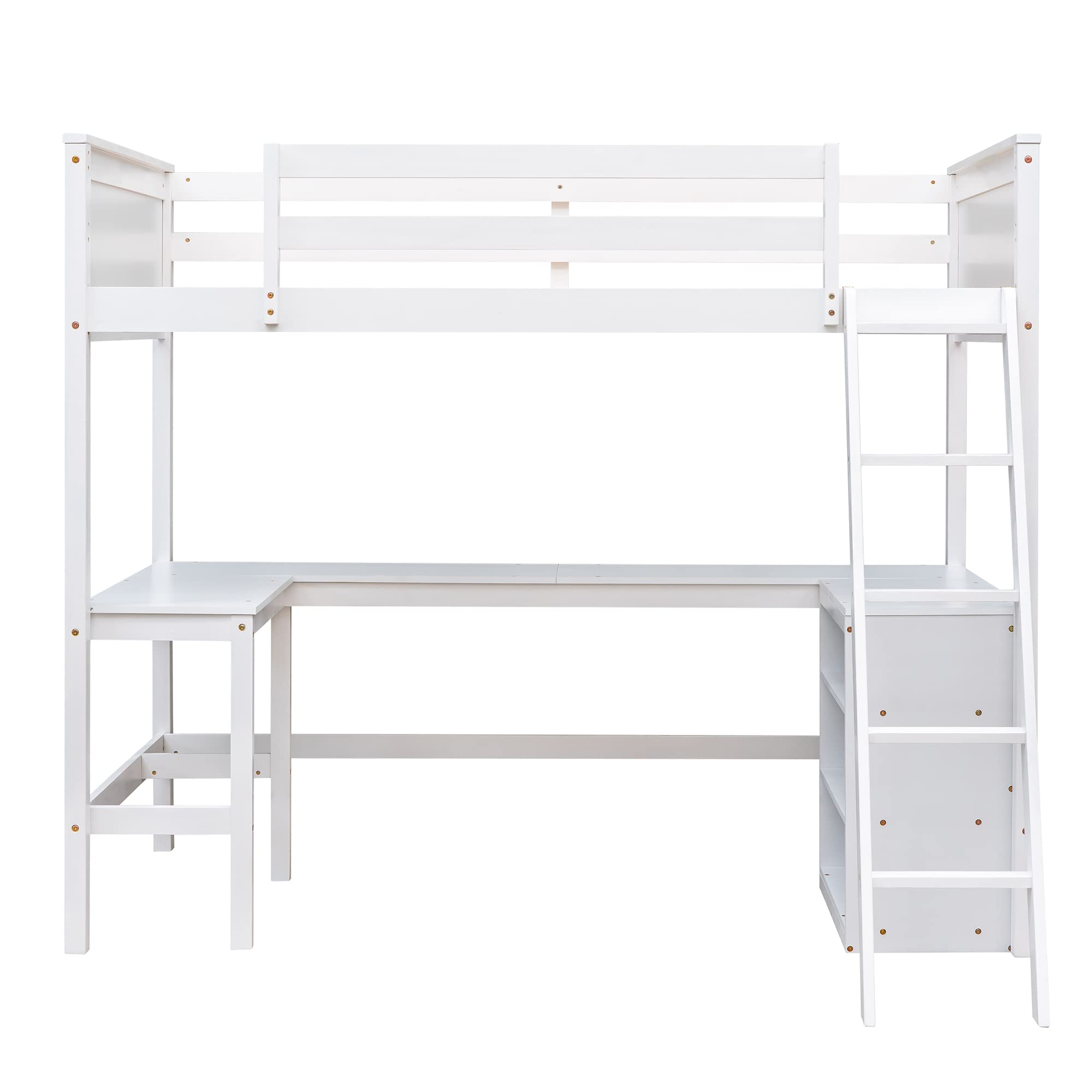 Loft Bed with Desk Twin Size Beds with Storage Shelves Bookcase Wood High Loft Bed Frame for Dorm, Kids Boys Girls Teens, White