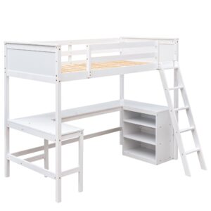 Loft Bed with Desk Twin Size Beds with Storage Shelves Bookcase Wood High Loft Bed Frame for Dorm, Kids Boys Girls Teens, White