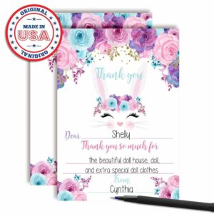 Bunny Face with Pink Blue and Purple Watercolor Flowers Birthday Thank You Notes, Ten 4" x 5.5" Fill In The Blank Cards with 10 White Envelopes by AmandaCreation