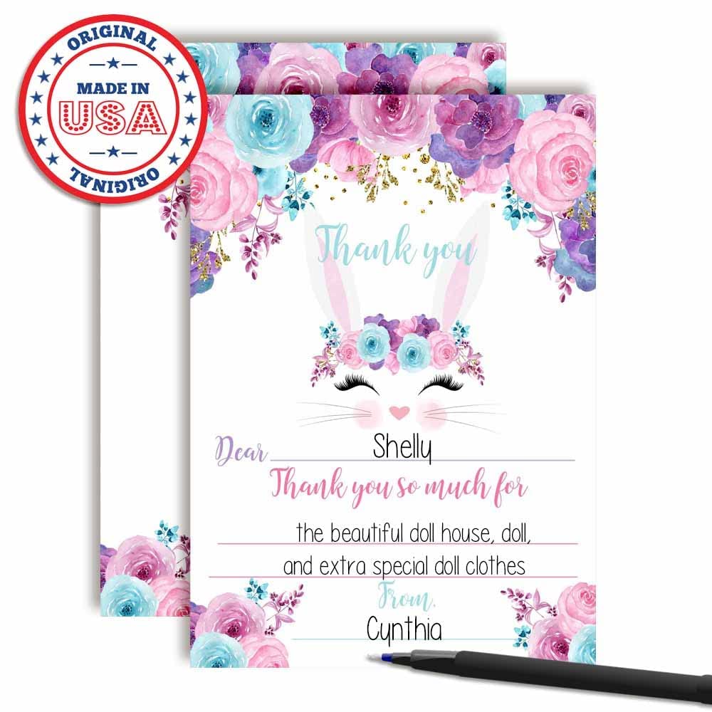 Bunny Face with Pink Blue and Purple Watercolor Flowers Birthday Thank You Notes, Ten 4" x 5.5" Fill In The Blank Cards with 10 White Envelopes by AmandaCreation