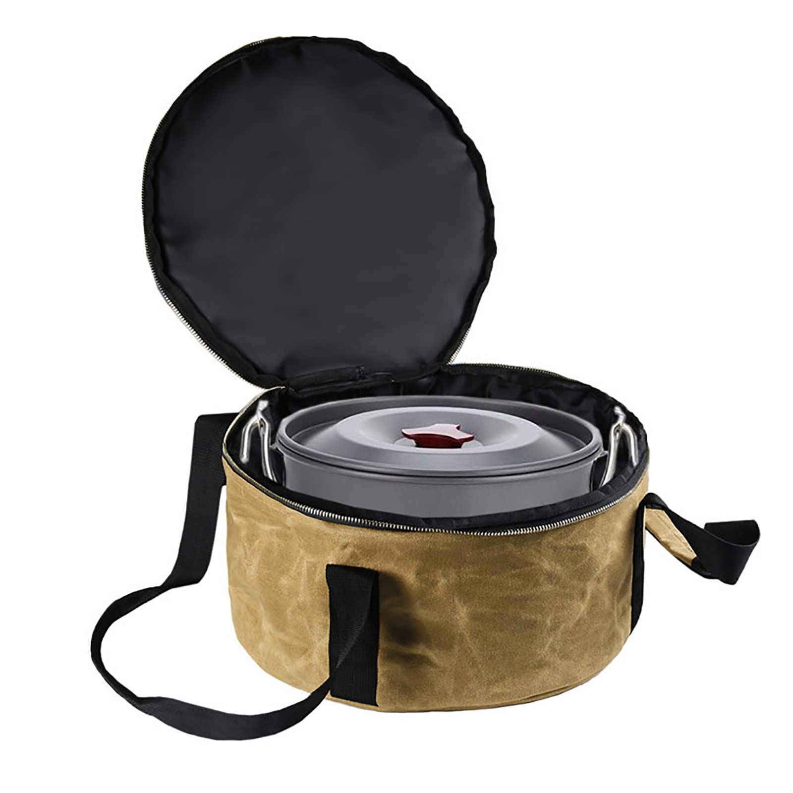 DOUBLEC DC Dutch Pot Storage Bag-For 12 Inch Oven, Pie Carrier with Lid and Handle, Pan More - Wet Wax Waterproof Bumper Fabric Cotton on Top Bottom -perfect for Outdoor Camping, Khaki