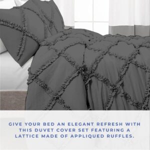 Kotton Culture Diamond Ruffle Duvet Cover Set 3 Piece 100% Egyptian Cotton with Zipper Closure & Corner Ties Breathable All Season 600 Thread Count Soft (Grey, Oversized King)