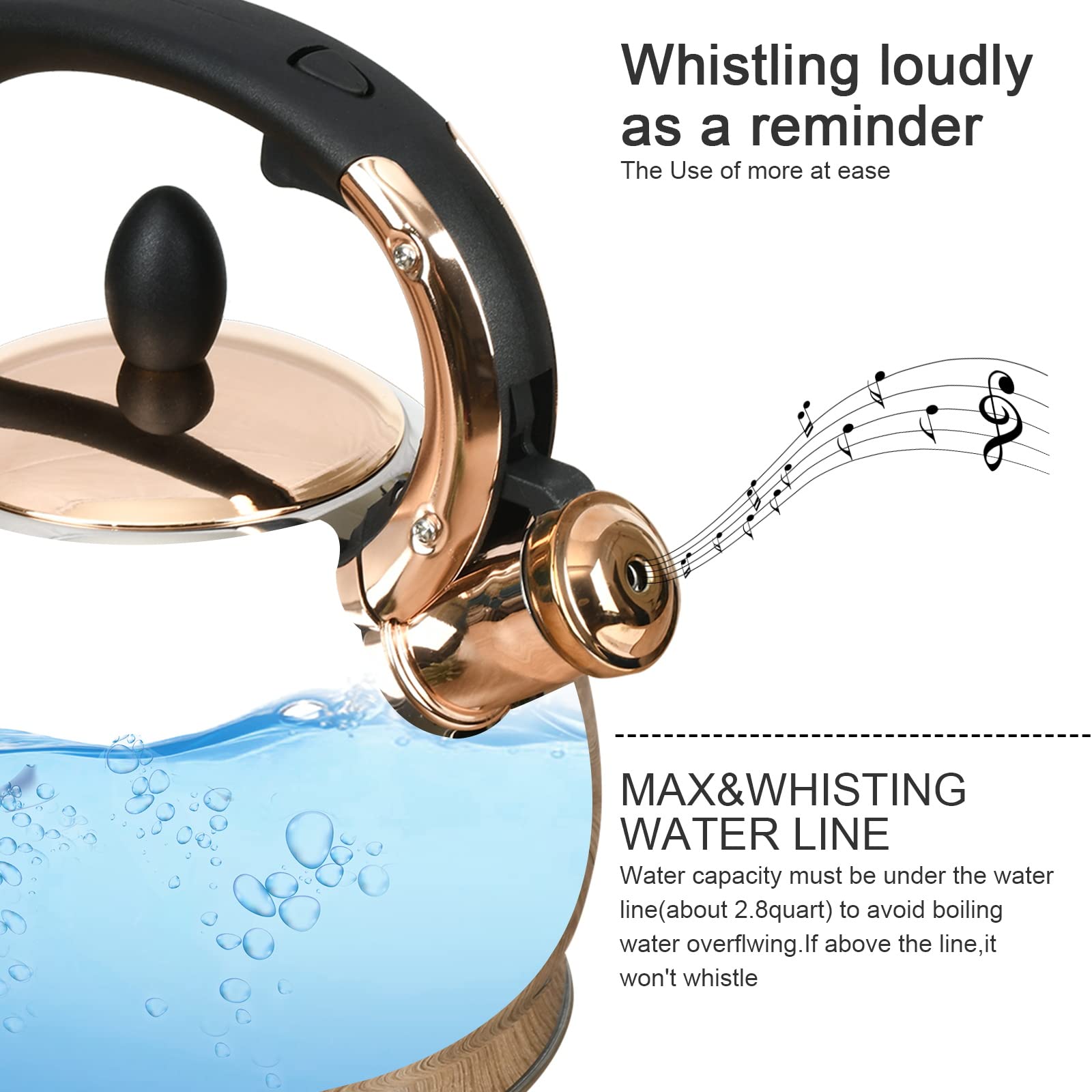 Stainless Steel Whistling Tea Kettle with Metal Capsulated Bottom for Quick Heat Distribution 2.8 Quart