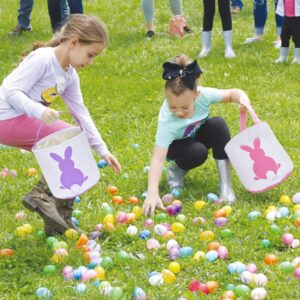 3 Pcs Easter Bunny Basket Bags for Kids - Canvas Cotton Carrying Gift and Eggs Hunt Bag, Fluffy Tails Printed Rabbit Toys Bucket Tote for Girls & Boys (Pink, Purple, Blue)