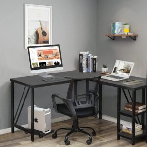 SHSYCER 60" L Shaped Desk with Coputer Tower Stand on 4 Wheels, Shelves, Rounded Corner - Reversible Office Desk with Storage Rack, Large Home Office Desk, L Desk for Home Office, Black