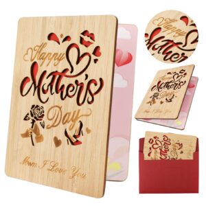 howaf mother's day greeting card, best mum ever wooden card for mother's birthday gift, real bamboo heart printed greeting cards for happy mother's day celebration, wooden greeting card to my mum