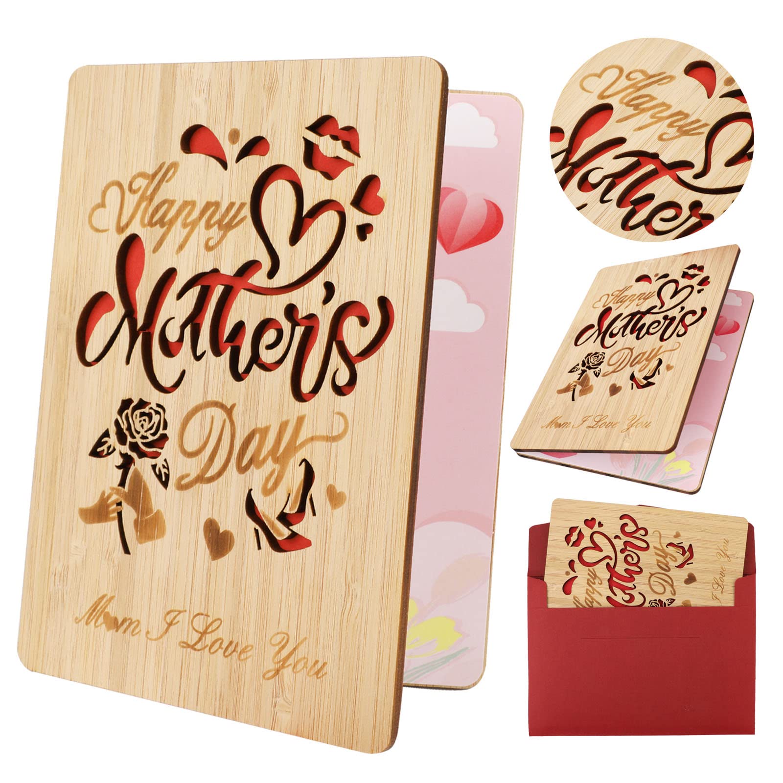 HOWAF Mother's Day Greeting Card, Best Mum Ever Wooden Card for Mother's Birthday Gift, Real Bamboo Heart Printed Greeting Cards for Happy Mother's Day Celebration, Wooden Greeting Card To My Mum