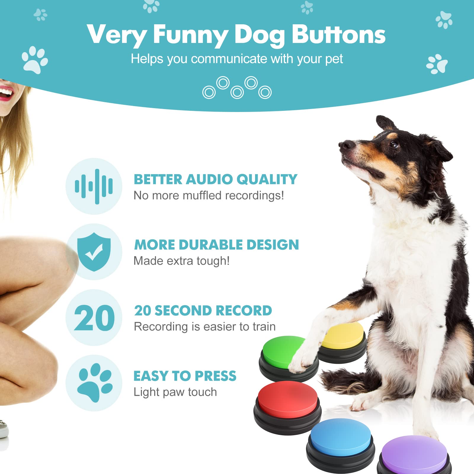 5 Pack-Dog Buttons for Communication Starter Pack,𝘿𝙤𝙜 𝘽𝙪𝙩𝙩𝙤𝙣𝙨 𝙏𝙖𝙡𝙠,Training Pet to Speaking Buttons,Speech Buttons with Words Voice Record Buttons,Push Buttons to Talk-Dog Gifts&Stuff