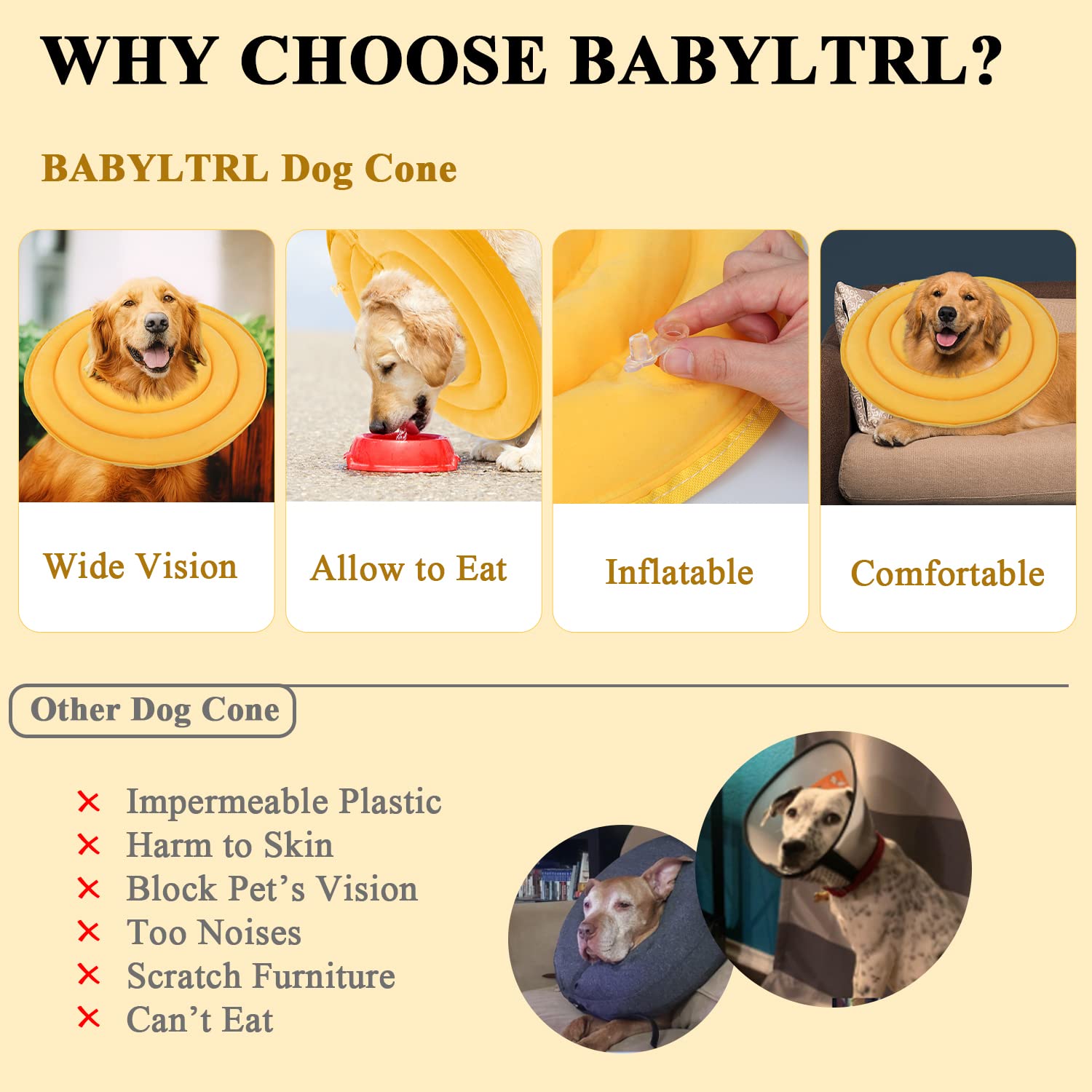 BABYLTRL Dog Cone Collar for After Surgery, Inflatable Pet Recovery Collar for Dogs and Cats, Soft Protective Recovery Cone to Prevent Pets from Touching Stitches, Wounds and Rashes (M, Yellow)