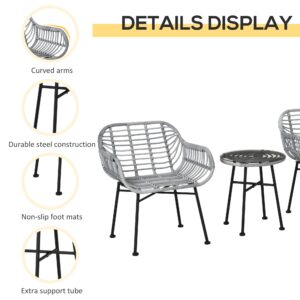 Outsunny 3 Piece Patio Set, Outdoor Bistro Furniture, PE Rattan Wicker Table and Chairs, Cushioned, Hand Woven, Modern Look with Tempered Glass for Garden, Porch, Pool, Backyard, Cream White