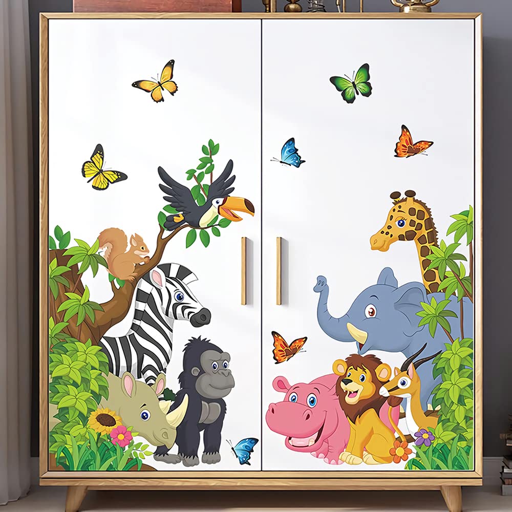 Supzone Cartoon Animal Wall Decal Jungle Animals Wall Stickers Elephant Lion Zebra Butterfly Wall Decor for Kids Baby DIY Vinyl Mural Art for Nursery Bedroom Living Room Playroom