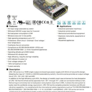 MW Mean Well Enclosed Type LRS-150W-12/15/24/36/48V Non-PFC LRS Series 150W Single Output Switching Power Supply (LRS-150-24)