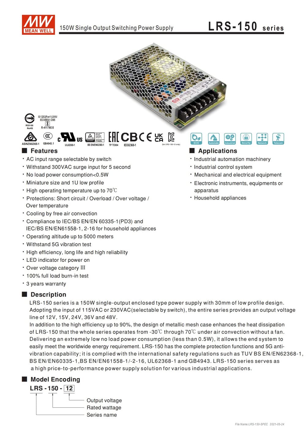 MW Mean Well Enclosed Type LRS-150W-12/15/24/36/48V Non-PFC LRS Series 150W Single Output Switching Power Supply (LRS-150-24)