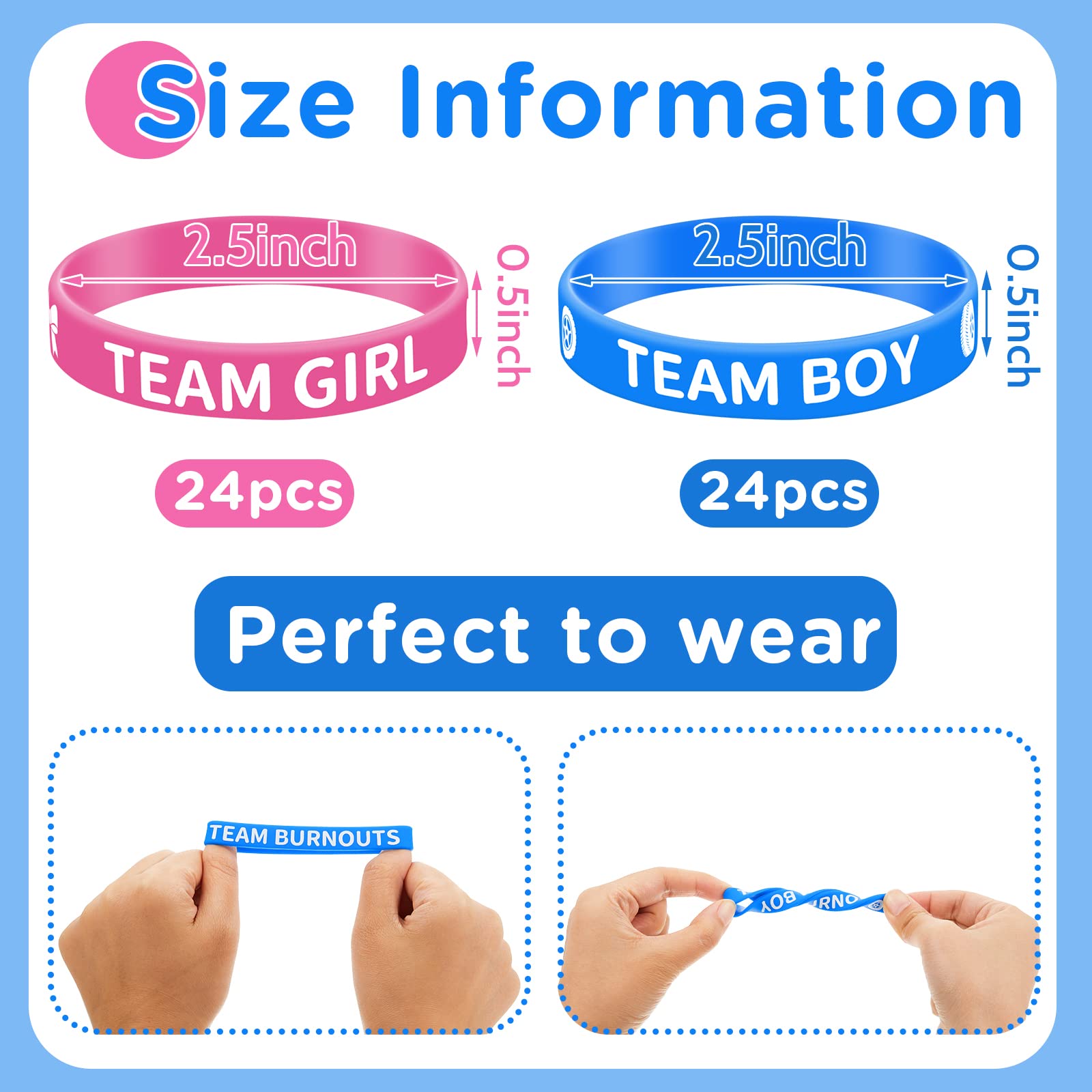 48 Pcs Burnouts or Bows Gender Reveal Silicone Wristbands Team Boy Team Girl Bracelets Gender Reveal Bracelets for Baby Shower Gender Reveal Party Favors, Blue and Pink