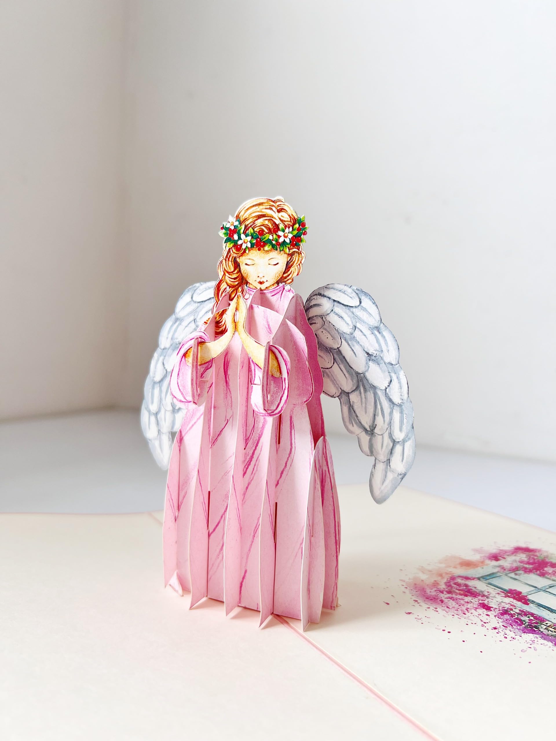 3d Guardian Angel Pop Up Card, Praying Angel Pop Up Card, Birthday Pop Up Card, 3D Angel Card for Sympathy, Christmas, Recovery, Get Well Soon, Spiritual, Baptism, Holy Communion, Pink, X20