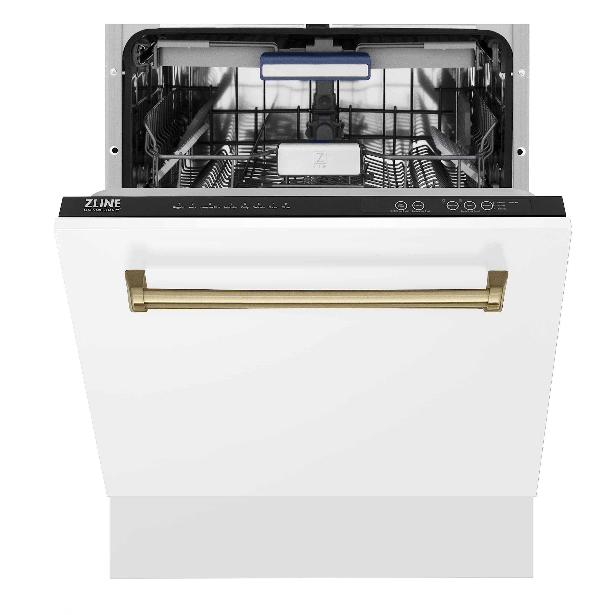 ZLINE Autograph Edition 24" 3rd Rack Top Control Tall Tub Dishwasher in White Matte with Champagne Bronze Handle, 51dBa (DWVZ-WM-24-CB)