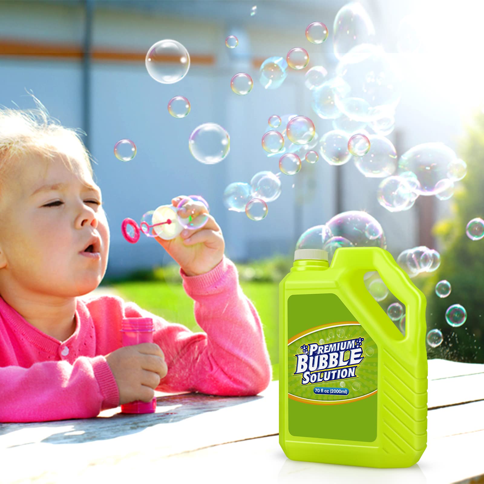 Bubble Solution Refill - 70 Ounce Premium Bubble Liquid Refills for Bubble Machine, Wand, Gun, Blower at Wedding and Party - Bubbles Toy for Kids Toddlers Boys Girls (with Portable Handle)