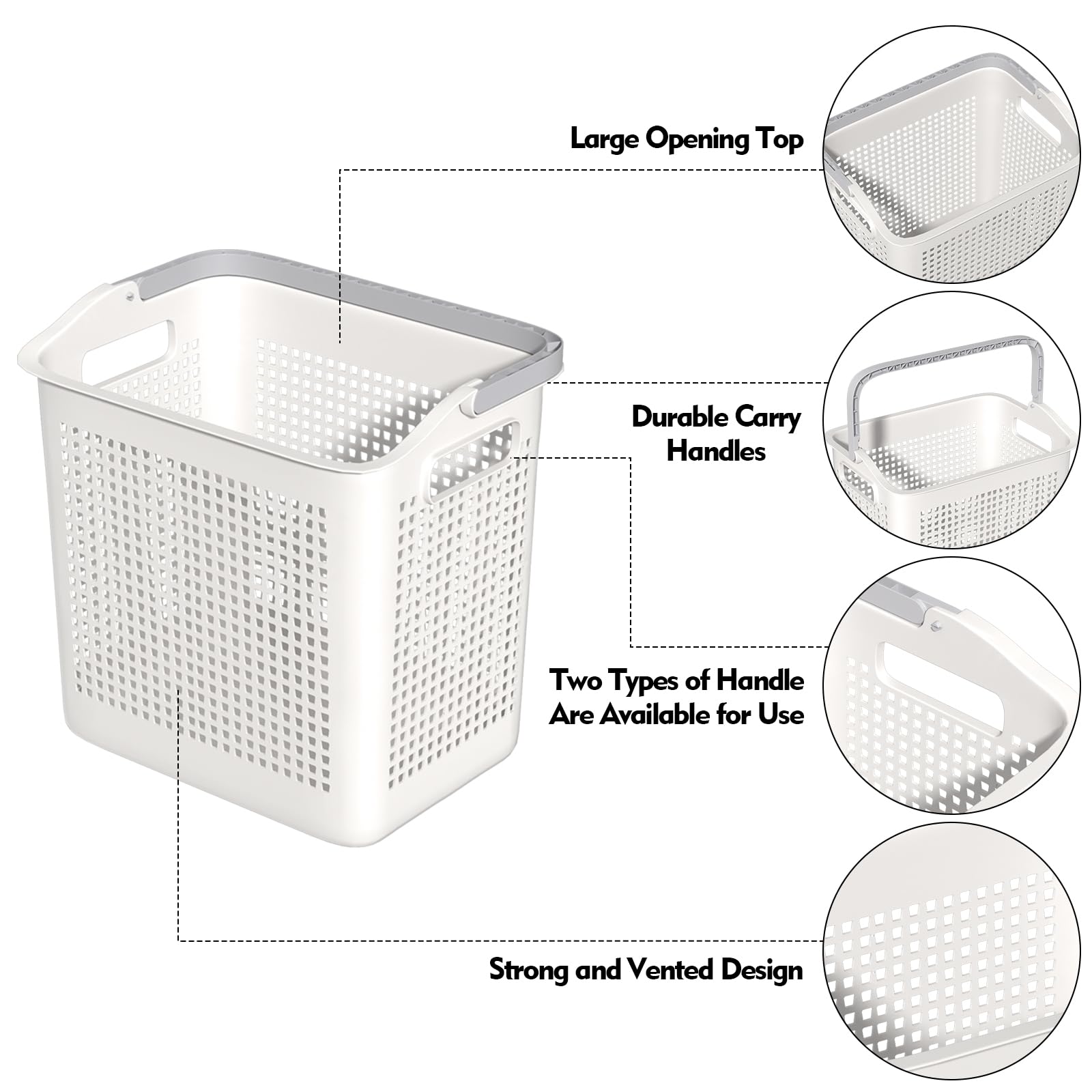 Tyminin Pack of 4 Plastic Laundry Hamper Basket, Dirty Clothes Storage Hamper Bin with Handle, White