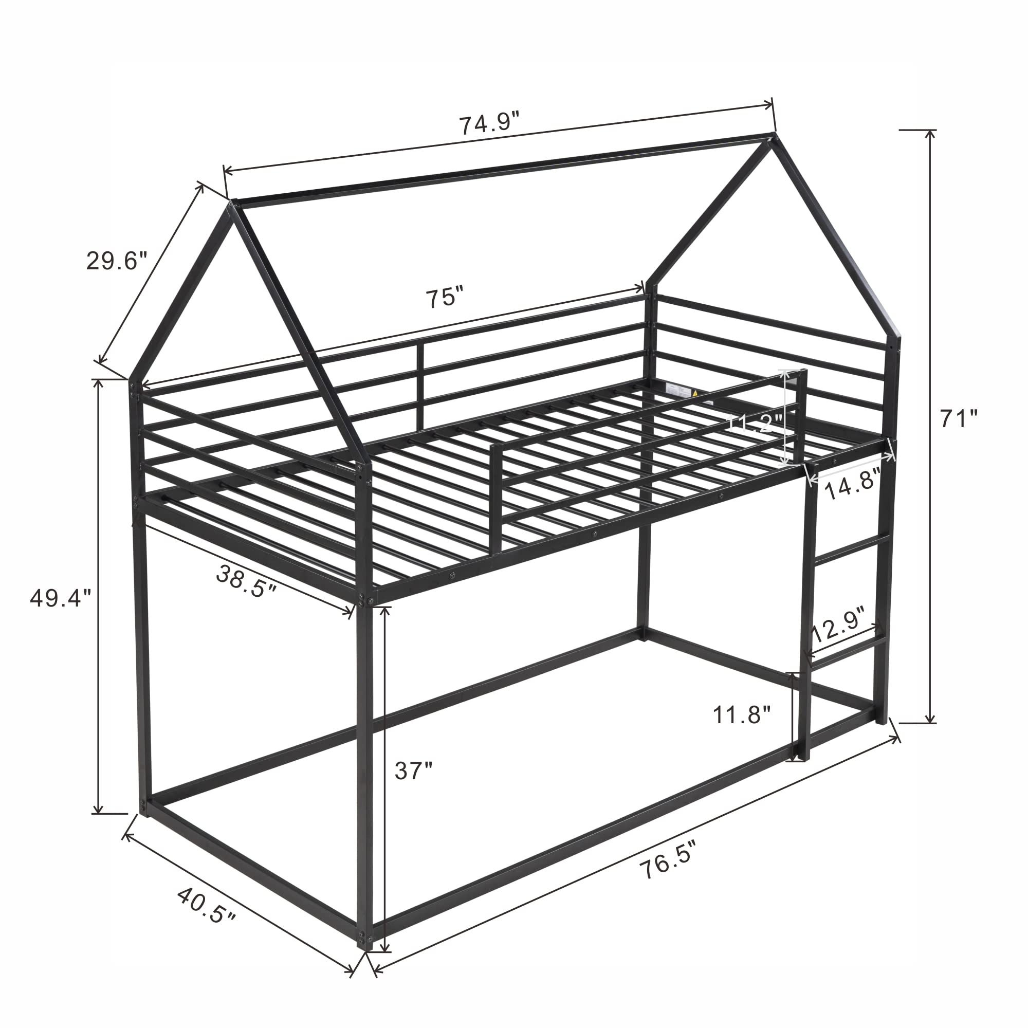 Harper & Bright Designs Twin Over Twin House Bunk Bed with Built-in Ladder, Metal Low Bunk Bed for Kids Girls Boys - Black