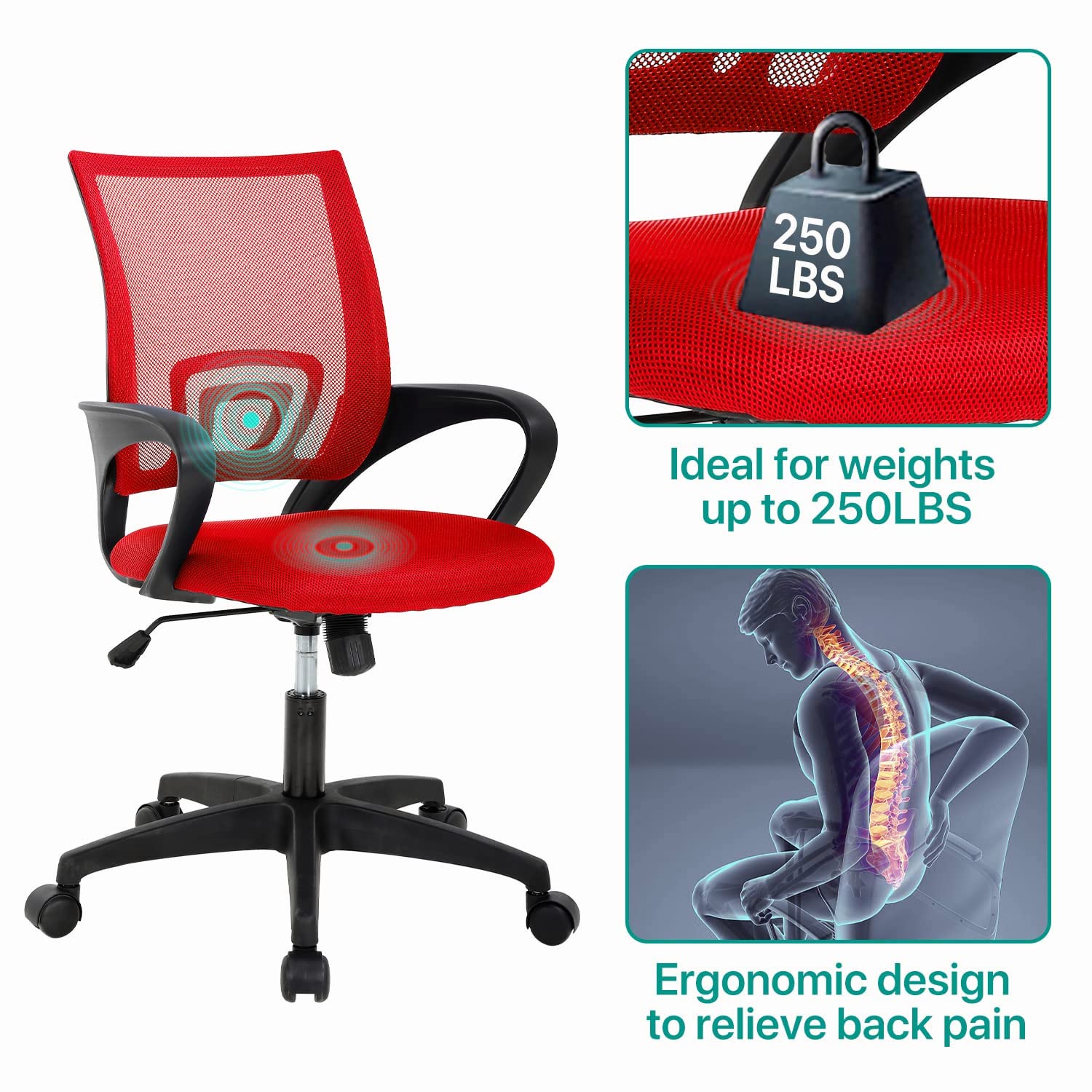 Office Chair Ergonomic Desk Chair Mesh Adjustable Computer Chair Comfortable Adjustable Height Executive Task Chair with Wheel Armrests for Adults Kids, Red