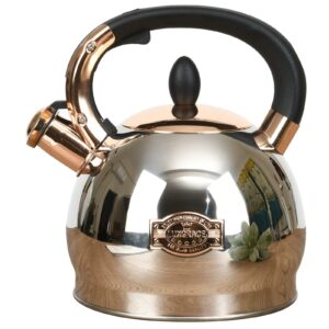 stainless steel whistling tea kettle with metal capsulated bottom for quick heat distribution 2.8 quart