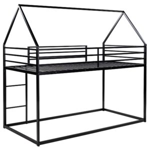 Harper & Bright Designs Twin Over Twin House Bunk Bed with Built-in Ladder, Metal Low Bunk Bed for Kids Girls Boys - Black