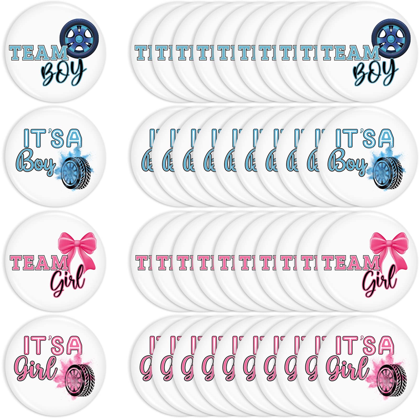 48 Pieces Burnouts or Bows Gender Reveal Buttons Pins Team Boy Team Girl Button Pins Burnouts Gender Reveal Decorations in Pink and Blue for Baby Shower Gender Reveal Party Game Supplies 1.73 Inch