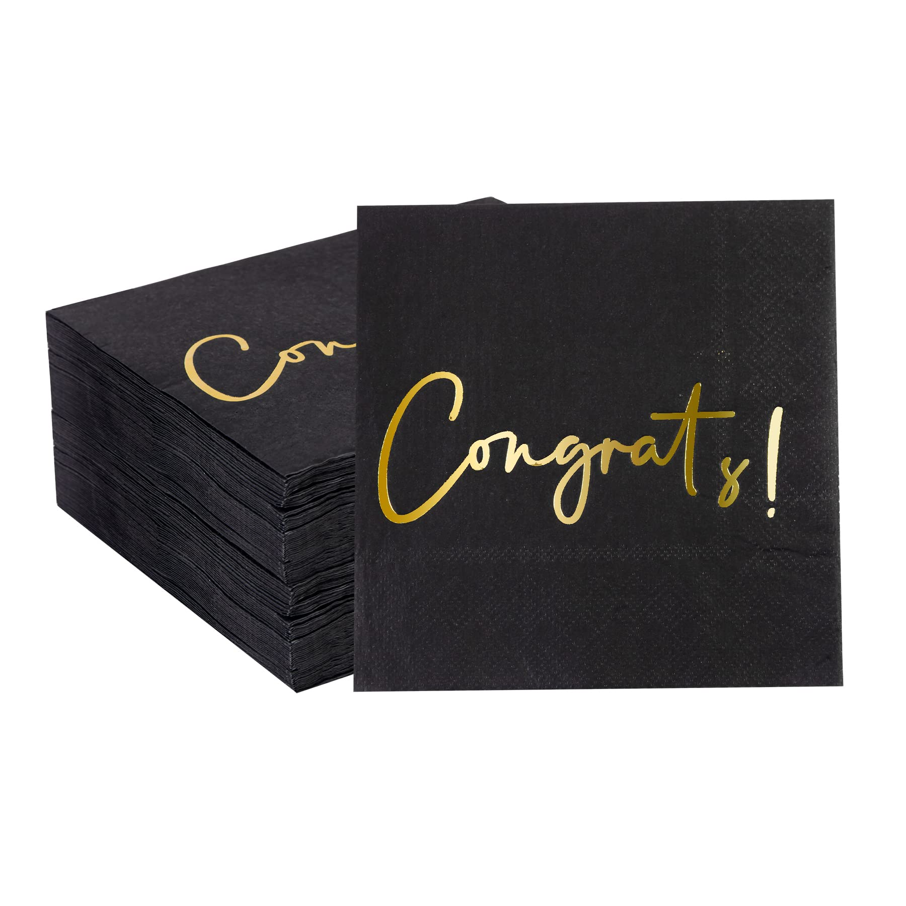 Congratulations Cocktail Napkins 50 Pack Gold Foil Congrats! Black Paper Napkins Party Supplies Disposable Bar Napkins Perfect for Engagement, Graduation, Baby Shower, Celebration Party 6.5'' x 6.5''